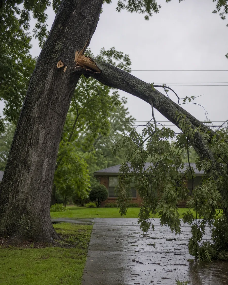 Storm-Damaged Tree Safety in Shreveport, LA Large storm-damaged oak limb hanging over a wet residential driveway in Shreveport, Louisiana