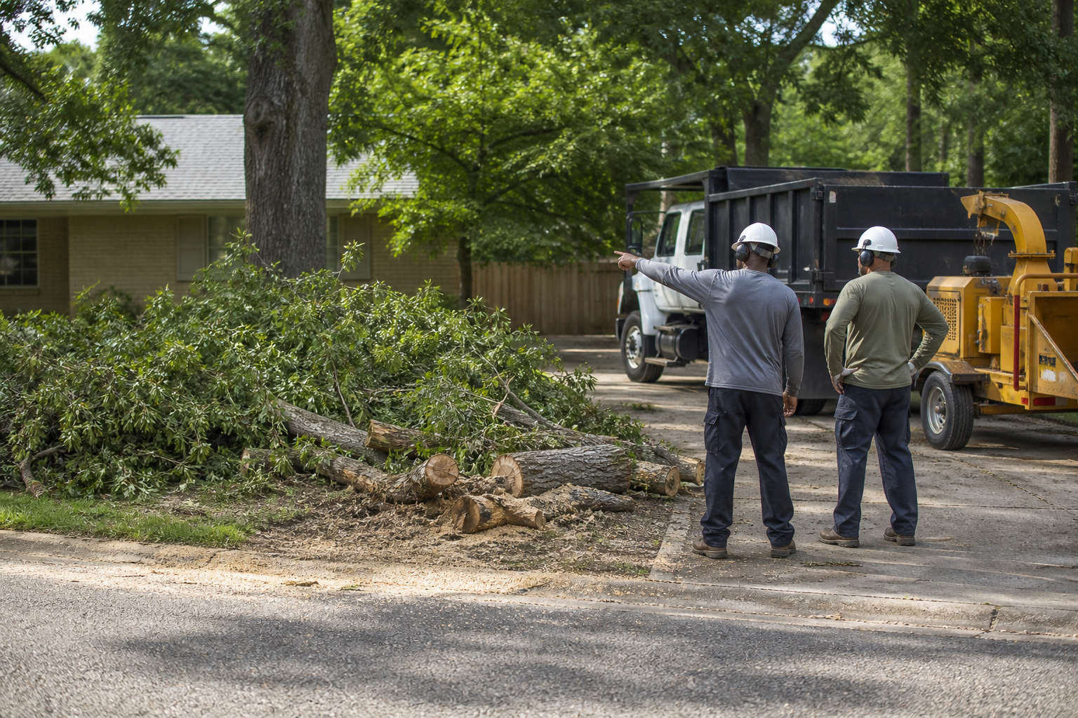Tree Debris Cleanup Assessment in Shreveport, LA Tree cleanup professionals reviewing branches and log debris before hauling in Shreveport, Louisiana