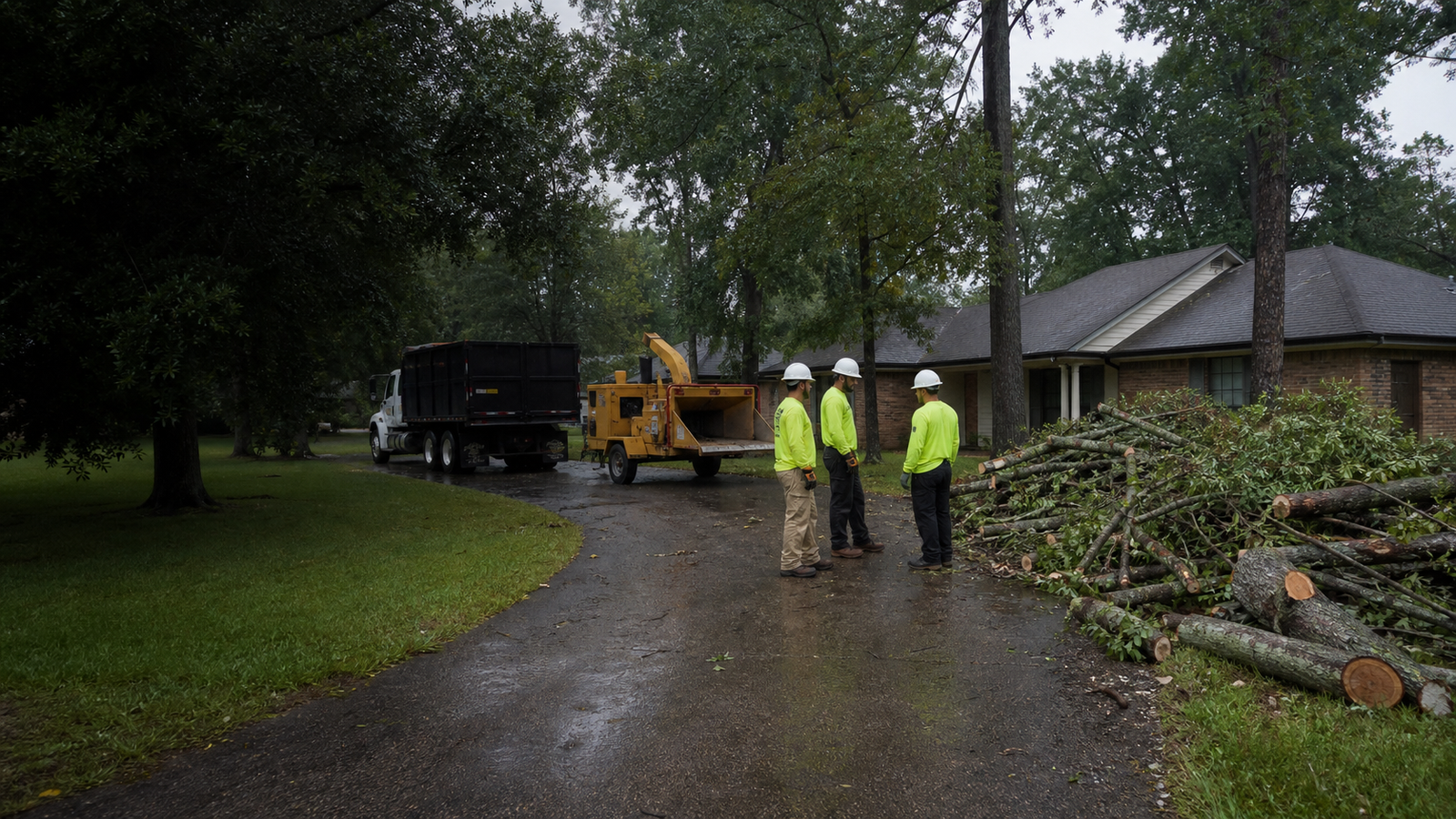 Tree Debris Cleanup in Shreveport, LA Tree debris cleanup crew assessing fallen limbs at a Shreveport, Louisiana home