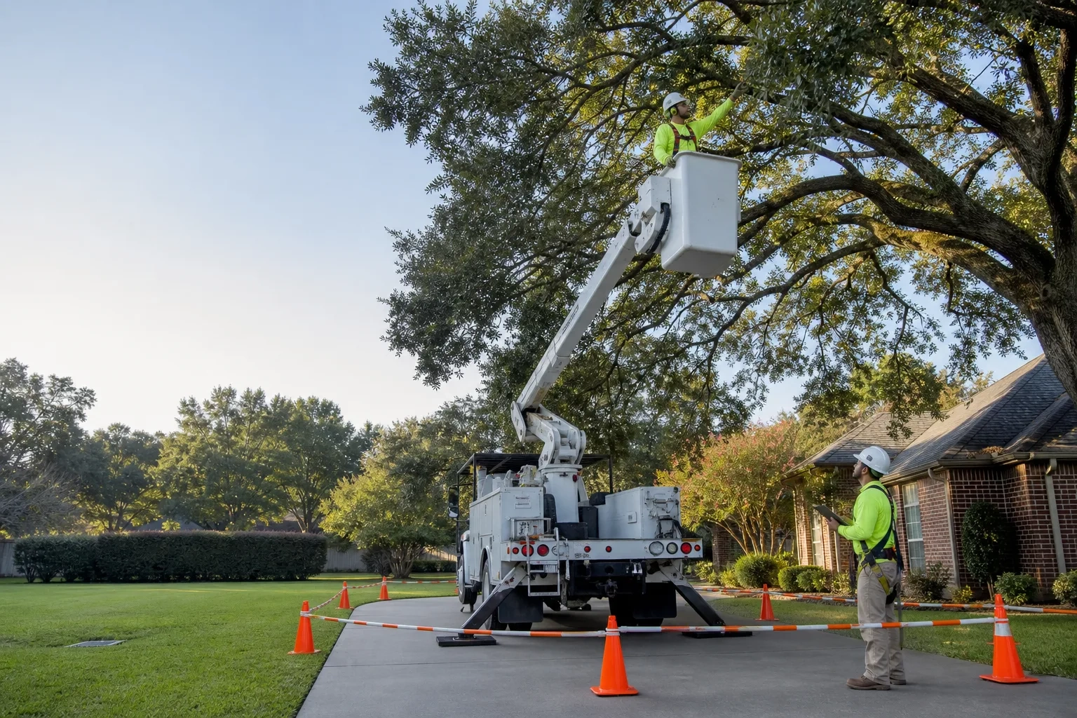 Safe Aerial Lift Inspection for Tree Work in Shreveport, LA Tree service crew inspecting an aerial lift before planned tree work in Shreveport, Louisiana